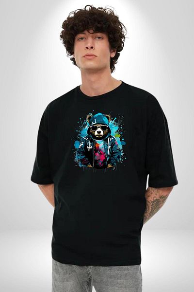 Angemiel Style Owner Bear Graffiti Hooded Cool Bear Black Oversize Women's Men's Front Printed T-Shirt