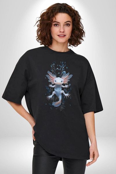 Angemiel Water Fairy Underwater Monster Design Black Oversize Women's Men's Front Printed T-Shirt