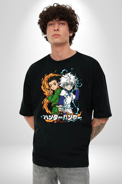 Angemiel Hunter X Hunter Gon & Killua Anime Black Oversize Women Men Front Printed T-Shirt