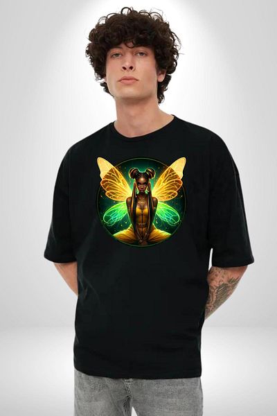 Angemiel Summer Neon Yellow-Green Women's Angel Black Oversize Women's Men's Front Printed T-Shirt