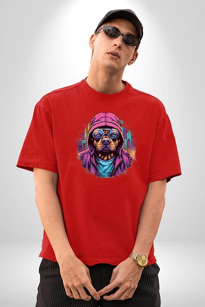Angemiel Graffiti Street Art Dog Pattern Red Oversize Women's Men's Front Printed T-Shirt