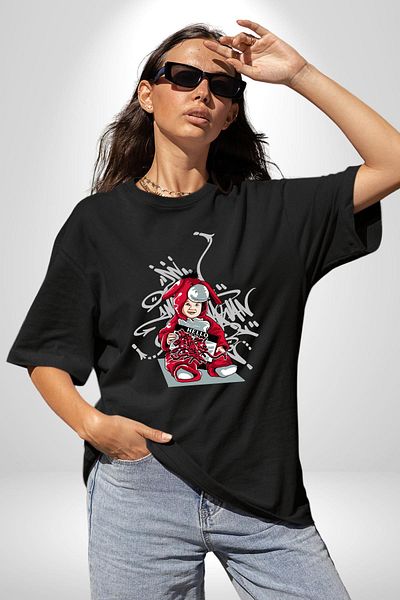 Angemiel Love and Innocence of Art Graffiti Rabbit Black Oversize Women's Men's Front Printed T-Shirt