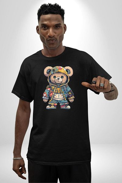 Angemiel Cute Hip-Hop Graffiti Bear Black Oversize Women Men Front Printed T-Shirt