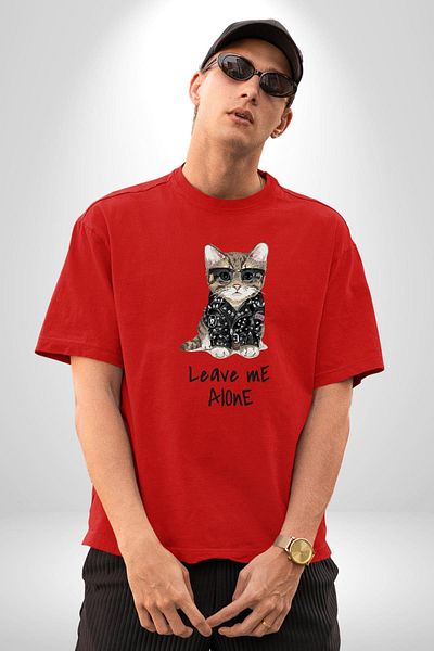 Angemiel Leave Me Alone Punk Style Cat Design Red Oversize Women Men Front Printed T-Shirt