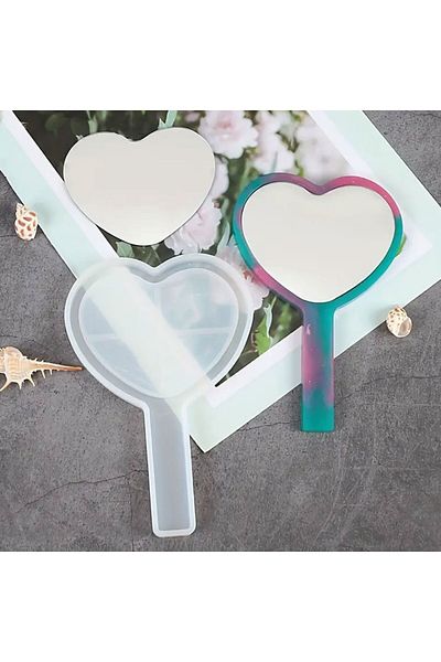 Getshopmini Epoxy Mirror Mold with Handle Hand Mirror Mold Silicone Heart Model 16.5X11Cm