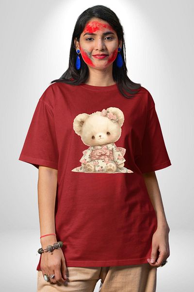 Angemiel Pink Teddy Bear Design with Kimono Red Oversize Women's Men's Front Printed T-Shirt