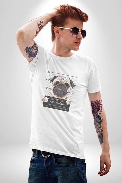 Angemiel تي شيرت مطبوع عليه وجه مجرم Pug Bad Dog للنساء والرجال باللون الأبيض مقاس كبير