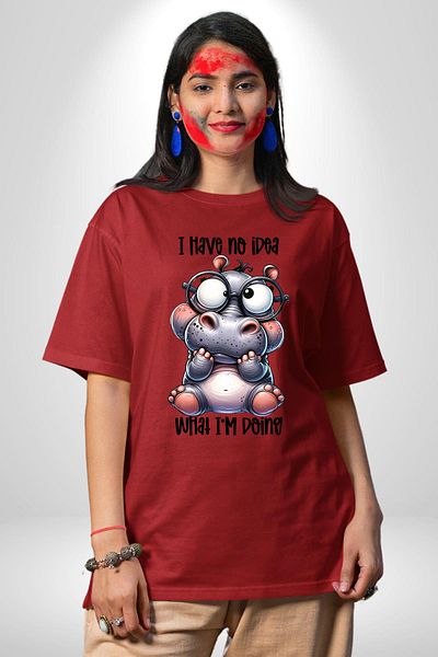 Angemiel Hippopotamus Let's Ya Written Humor Funny Design Red Oversize Women's Men's Front Printed T-Shirt