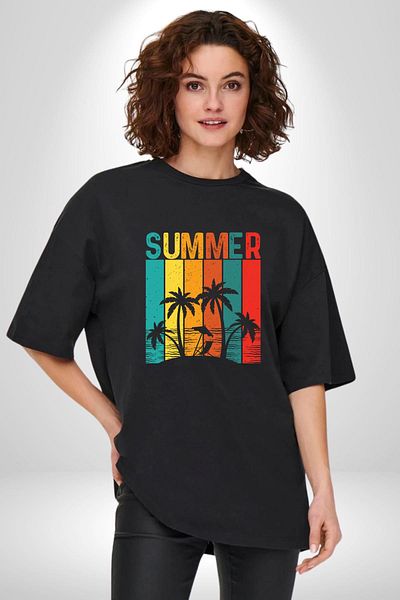 Angemiel Tropical Summer Themed Black Oversize Women's Men's Front Printed T-Shirt
