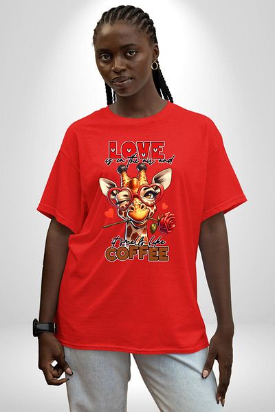 Angemiel The Combination of Coffee and Love Rose Heart Glasses Red Oversize Women's Men's Front Printed T-Shirt
