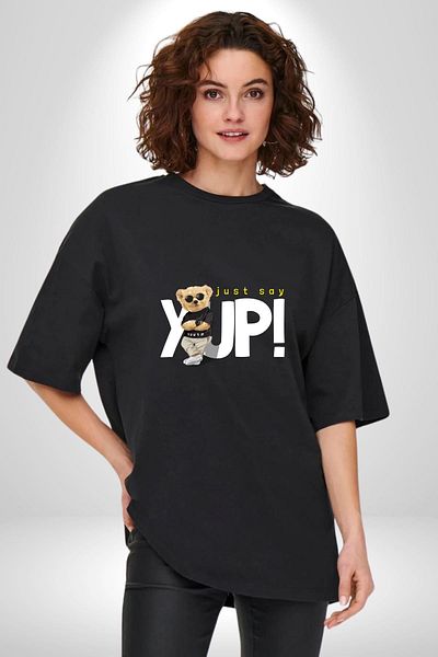 Angemiel Just Say Yes! Teddy Bear Young Cute Black Oversize Women's Men's Front Printed T-Shirt