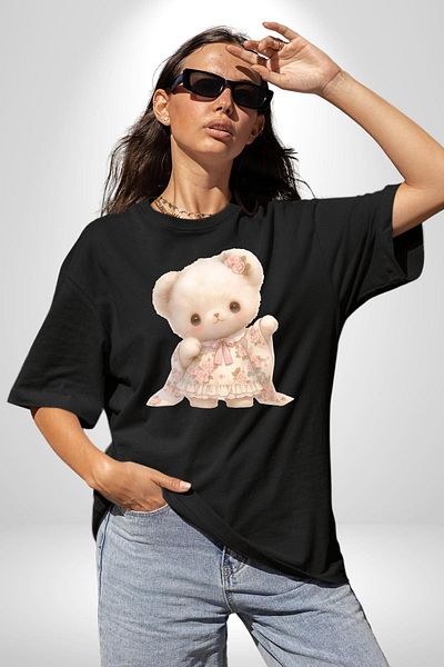 Angemiel Kawaii Style Special Pink Flower Motif Teddy Bear Black Oversize Women's Men's Front Printed T-Shirt