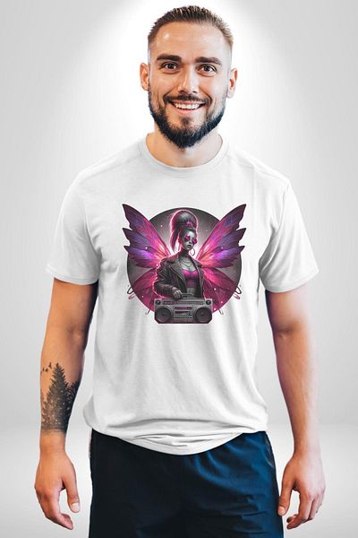 Angemiel White Oversize Women's Men's Front Printed T-Shirt with Red Fairy Glasses and Music Player