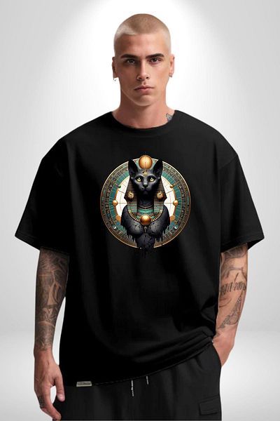 Angemiel Bastet Goddess Sacred Cat Ancient Egypt Black Oversize Women Men Front Printed T-Shirt