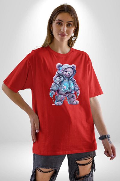 Angemiel Digital Dreamer Teddy Bear Futuristic Red Oversize Women's Men's Front Printed T-Shirt
