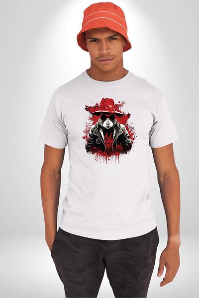 Angemiel تي شيرت مطبوع عليه قبعة حمراء Rabbit Rebel White للنساء والرجال مقاس كبير