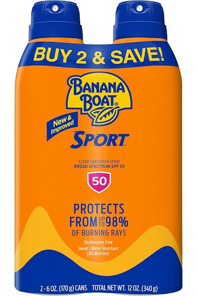 Banana Boat بخاخ واقي من الشمس واسع الطيف من سبورت بيرفورمانس ألترا ميست، عامل حماية من الشمس 50، عبوة مزدوجة، 6 أونصة