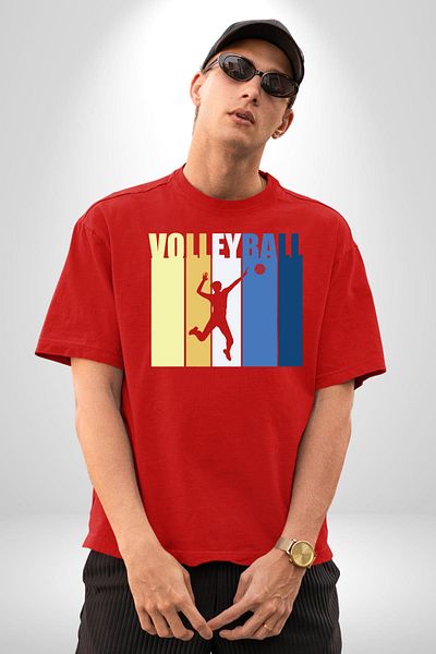 Angemiel Volleyball Written Colorful Energetic Design Red Oversize Women's Men's Front Printed T-Shirt