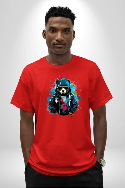 Angemiel Style Owner Bear Graffiti Hooded Cool Bear Red Oversize Women's Men's Front Printed T-Shirt