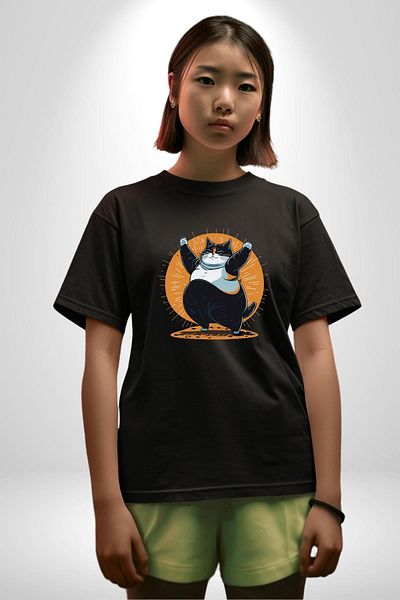 Angemiel Funny Fat Yoga Cat Black Oversize Women Men Front Printed T-Shirt