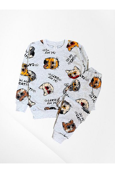 Pajama Shop Boys' Cotton Fabric Hooded Gray Oh My Cat Cat Pattern Long Sleeve Winter Pajamas Set