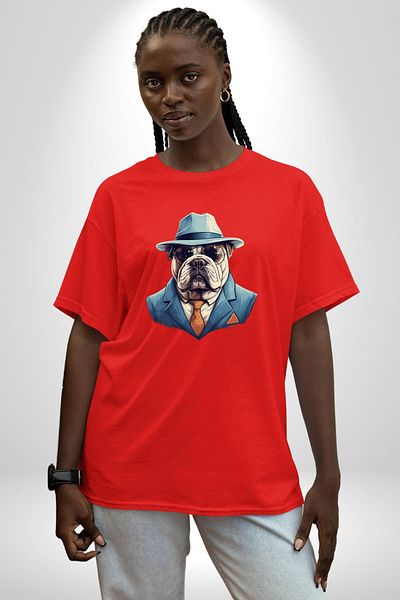 Angemiel City Gentleman  Bulldog Red Oversize Women's Men's Front Printed T-Shirt