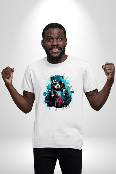 Angemiel Style Owner Bear Graffiti Hooded Cool Bear White Oversize Women's Men's Front Printed T-Shirt