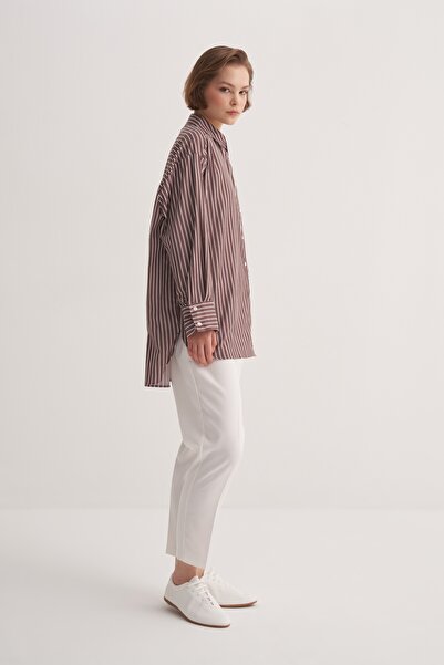 EBU Prive Γυναικείο πουκάμισο Poplin oversized με ρόμπα ριγέ καφέ