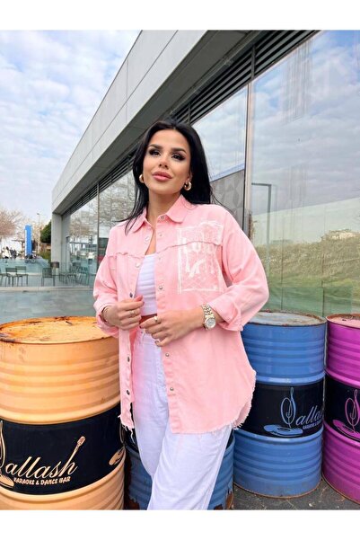 TOSKI Cămașă din denim pentru femei, roz cu nasturi