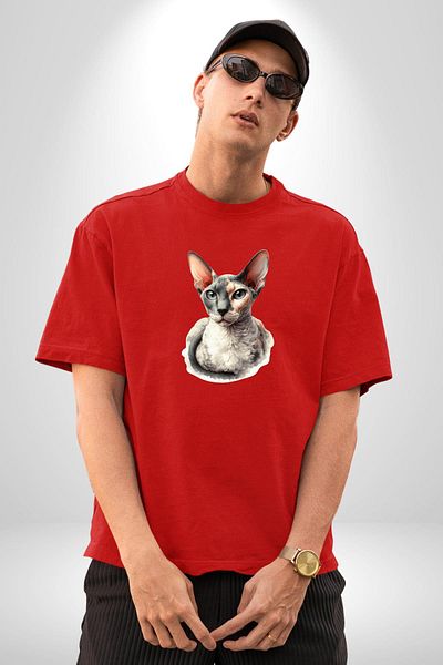 Angemiel Sphinx Cat Special Design Red Oversize Women's Men's Front Printed T-Shirt