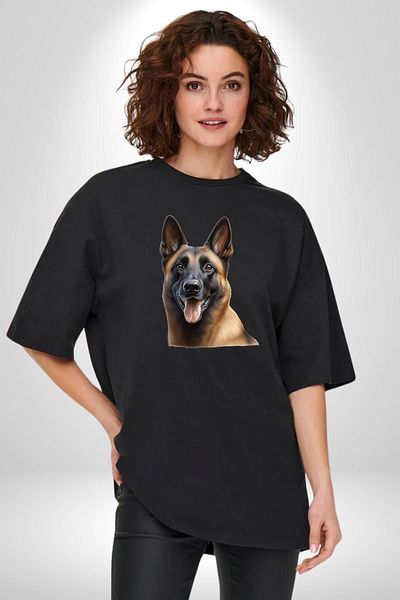 Angemiel Belgian Malinois Cute Dog Black Oversize Women's Men's Front Printed T-Shirt