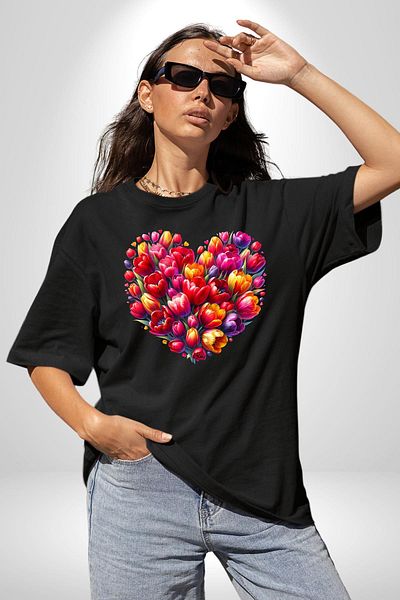 Angemiel Tulip Spring Icon of Beauty Black Oversize Women's Men's Front Printed T-Shirt