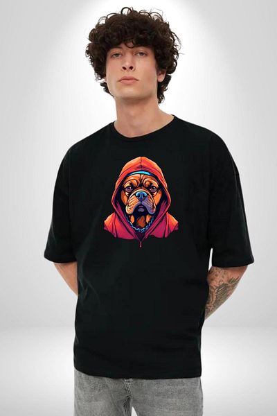 Angemiel Cool  Chain Hooded Dog Black Oversize Women's Men's Front Printed T-Shirt