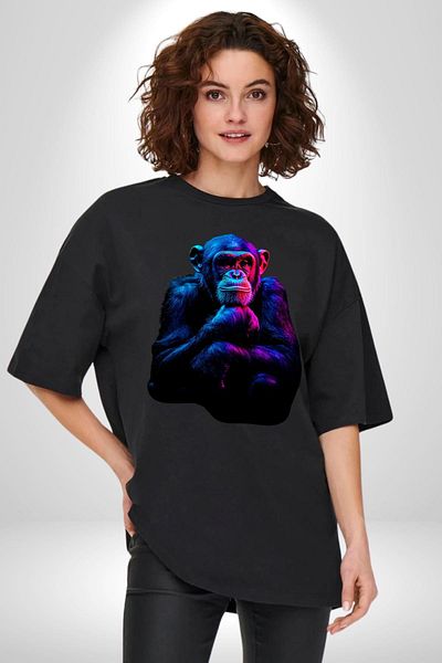 Angemiel Monkey Black Oversize Women's Men's Front Printed T-Shirt with Light Effects