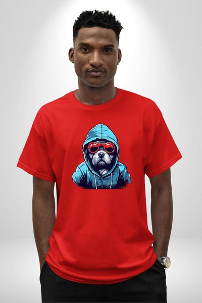 Angemiel Charismatic Terrier Glasses Cool Dog Red Oversize Women's Men's Front Printed T-Shirt