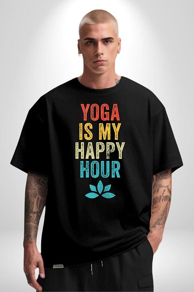 Angemiel Yoga Passion and Happiness Time Black Oversize Women's Men's Front Printed T-Shirt