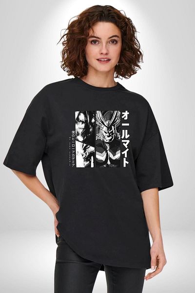 Angemiel My Hero Academia All Might Anime Black Oversize Women's Men's Front Printed T-Shirt