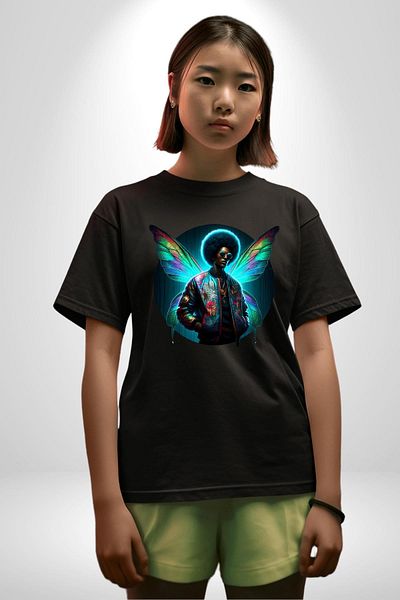 Angemiel Modern Men's Black Oversize Women's Men's Front Printed T-Shirt with Glasses and Wings