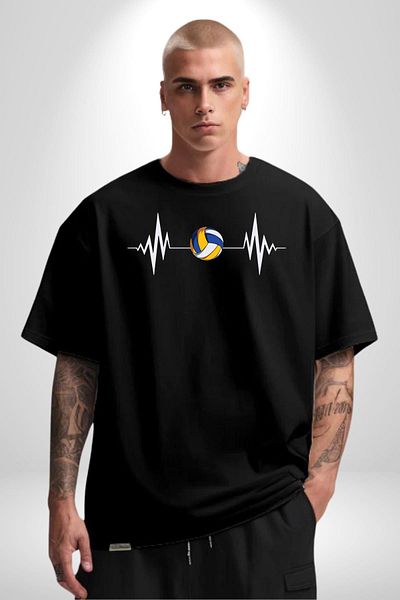Angemiel Volleyball Heart Rhythm Excitement Black Oversize Women Men Front Printed T-Shirt