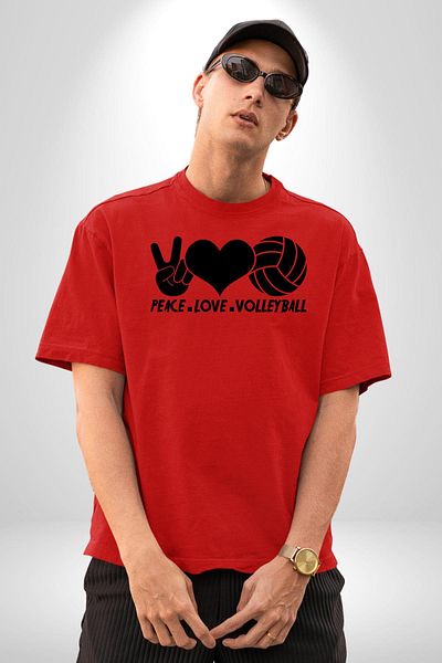 Angemiel Peace Love Volleyball Red Oversize Women's Men's Front Printed T-Shirt