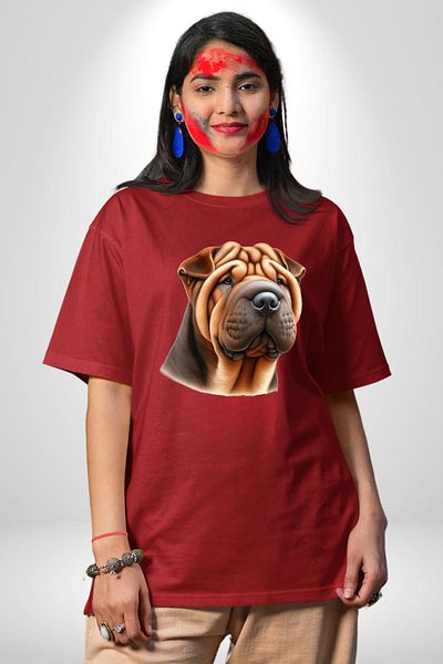 Angemiel Wrinkled Skin Shar Pei Dog Red Oversize Women's Men's Front Printed T-Shirt