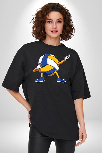 Angemiel Volleyball Ball Dabbing Black Oversize Women's Men's Pre-Printed T-Shirt