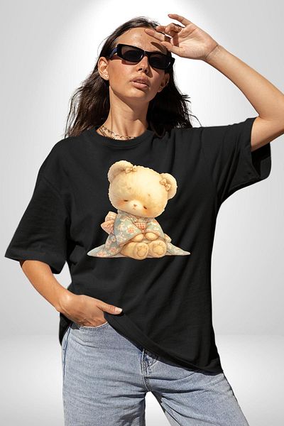 Angemiel Floral Pattern Pastel Tone Teddy Bear and Flower Black Oversize Women's Men's Front Printed T-Shirt