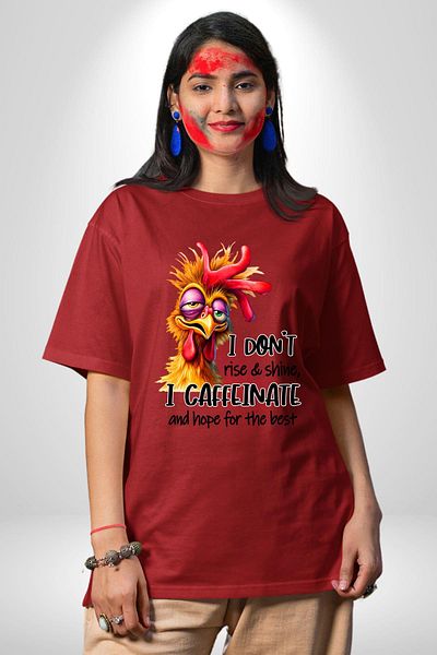 Angemiel Not Coffee, I'M Addicted to Caffeine Funny Chicken Red Oversize Women's Men's Front Printed T-Shirt