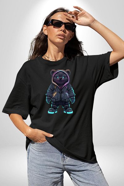 Angemiel Bright Neon Detailed Night Style Teddy Bear Black Oversize Women's Men's Front Printed T-Shirt