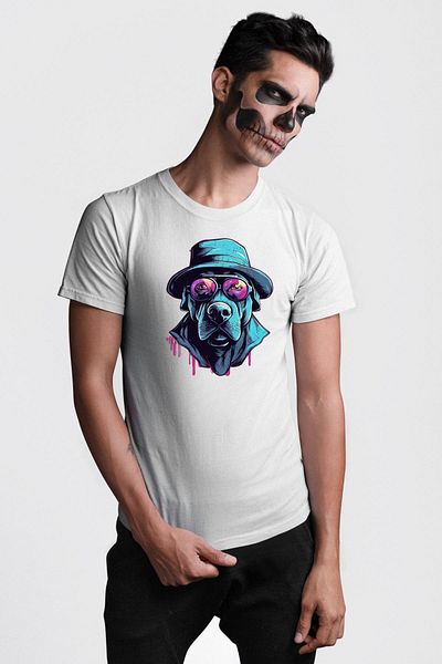 Angemiel Hard Look Hat Dog White Oversize Women's Men's Front Printed T-Shirt