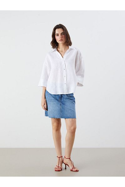 LC Waikiki Blue Oversize 100% Linen Women's Shirt