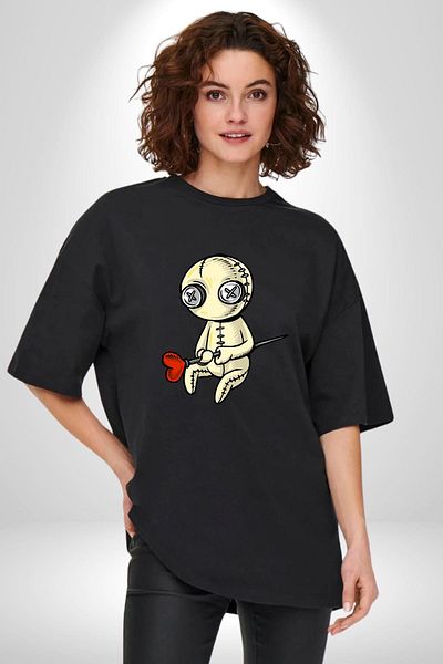 Angemiel Love and Pain Needle Voodoo Love Black Oversize Women's Men's Front Printed T-Shirt