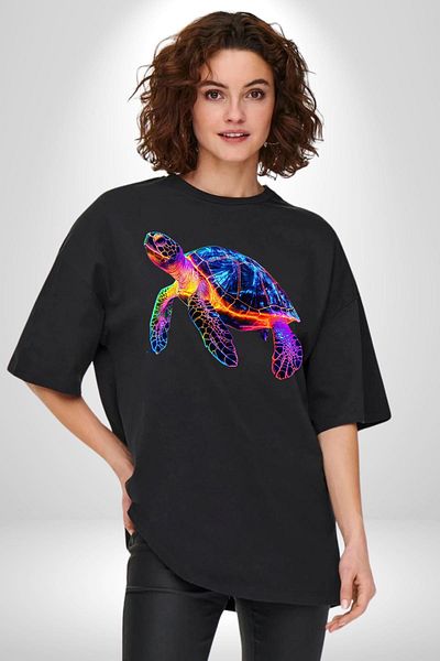 Angemiel Neon Turtle Black Oversize Women's Men's Front Printed T-Shirt