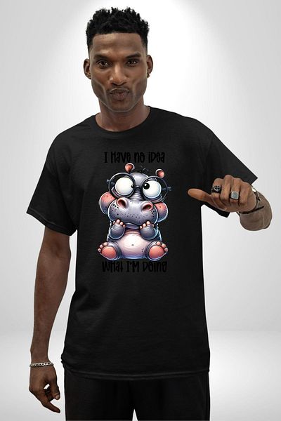 Angemiel Hippopotamus Let's Yes Written Humor Funny Design Black Oversize Women's Men's Front Printed T-Shirt